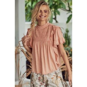 Free People Pink Puff Sleeve Blouse with Ruffled Smocked Details